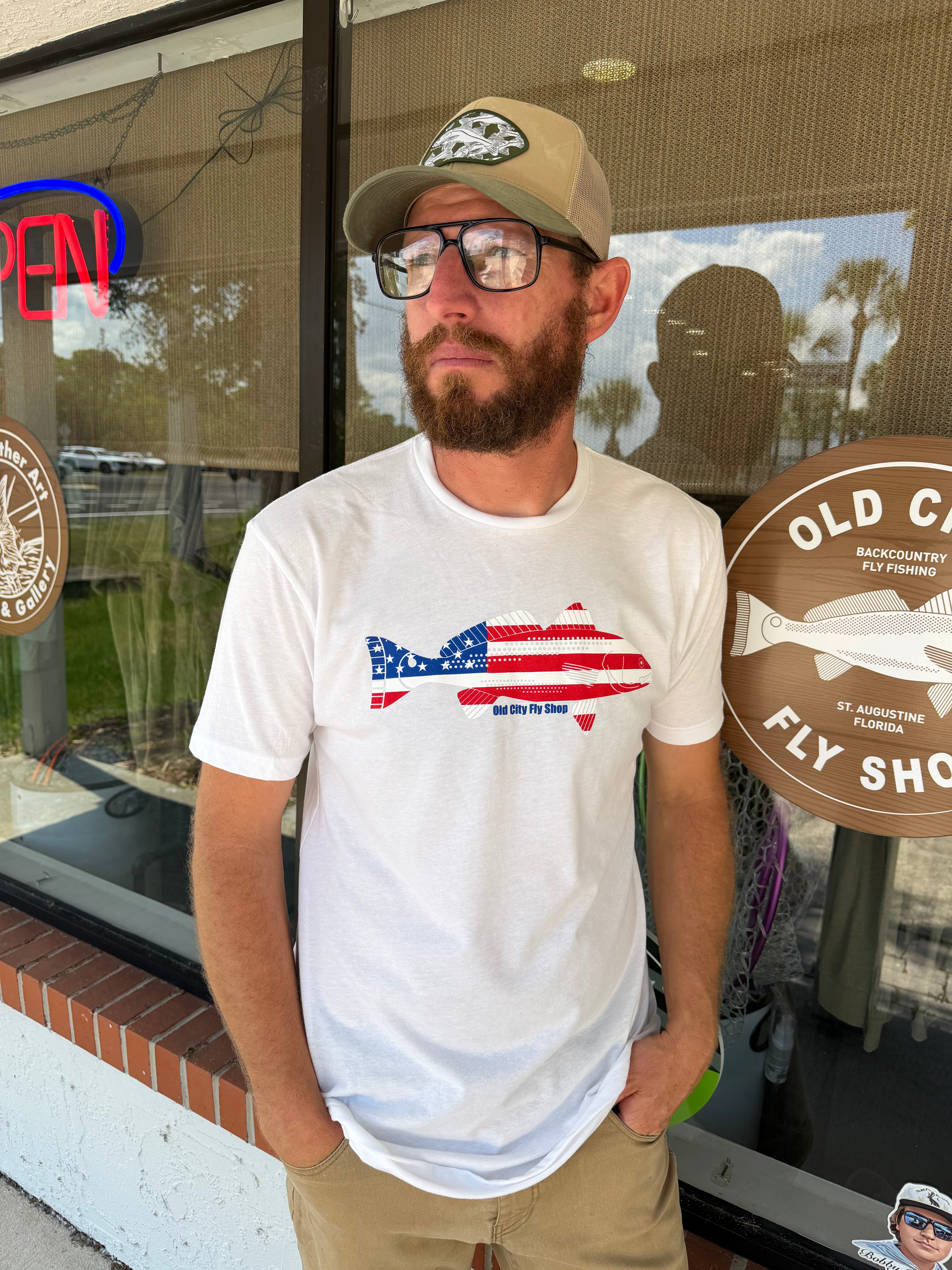 Redfish White and Blue tee
