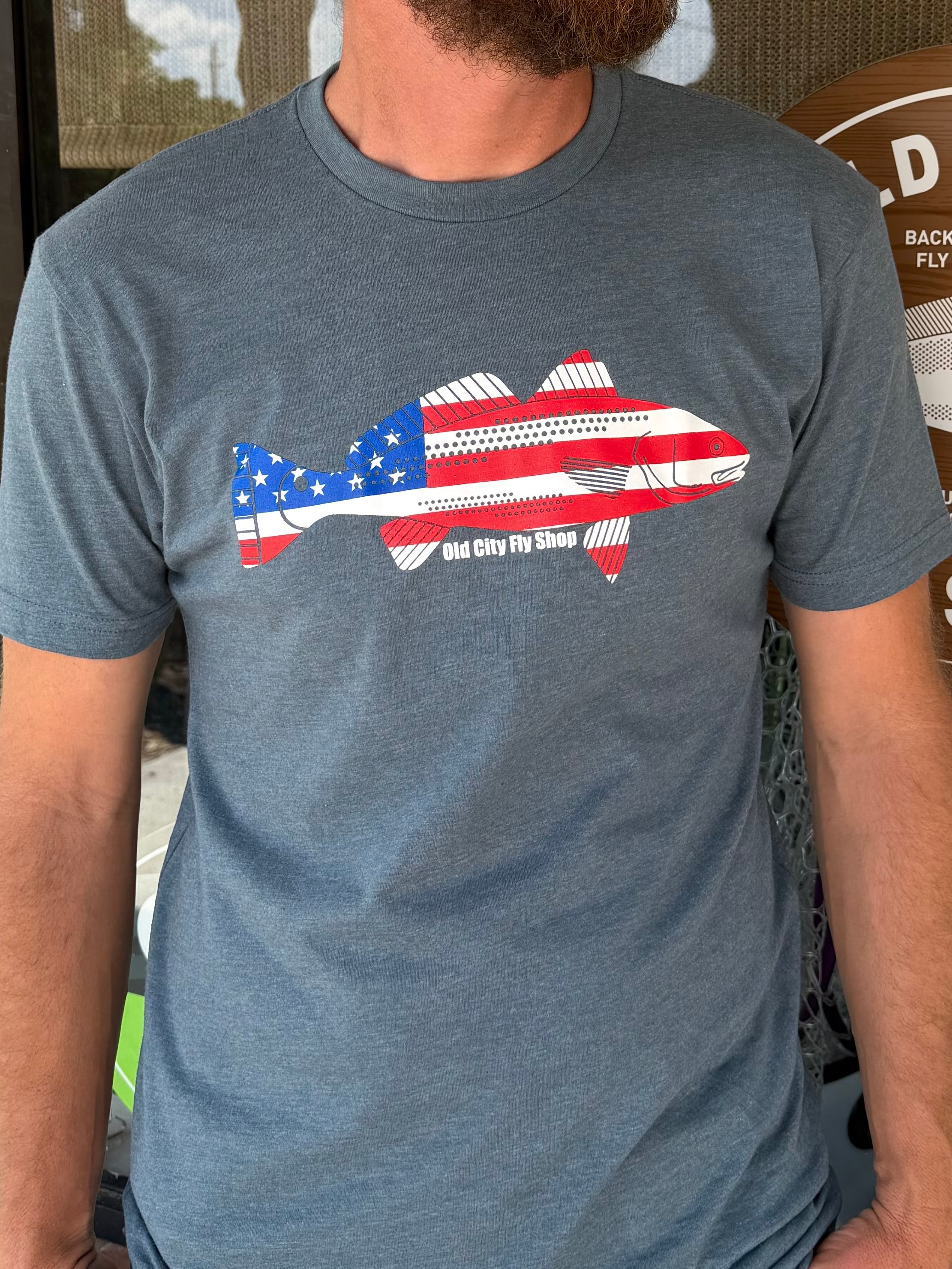 Redfish White and Blue tee