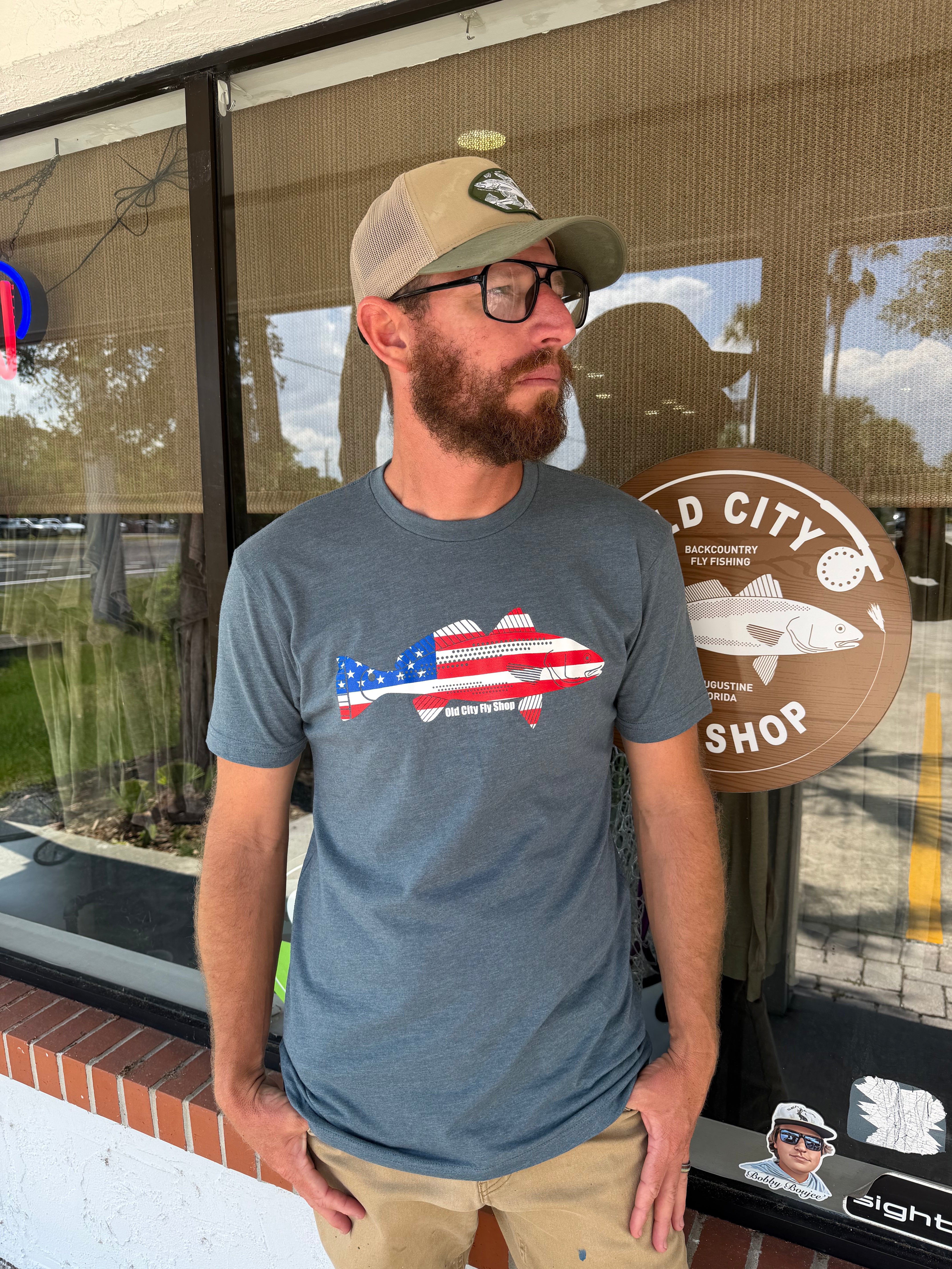Redfish White and Blue tee