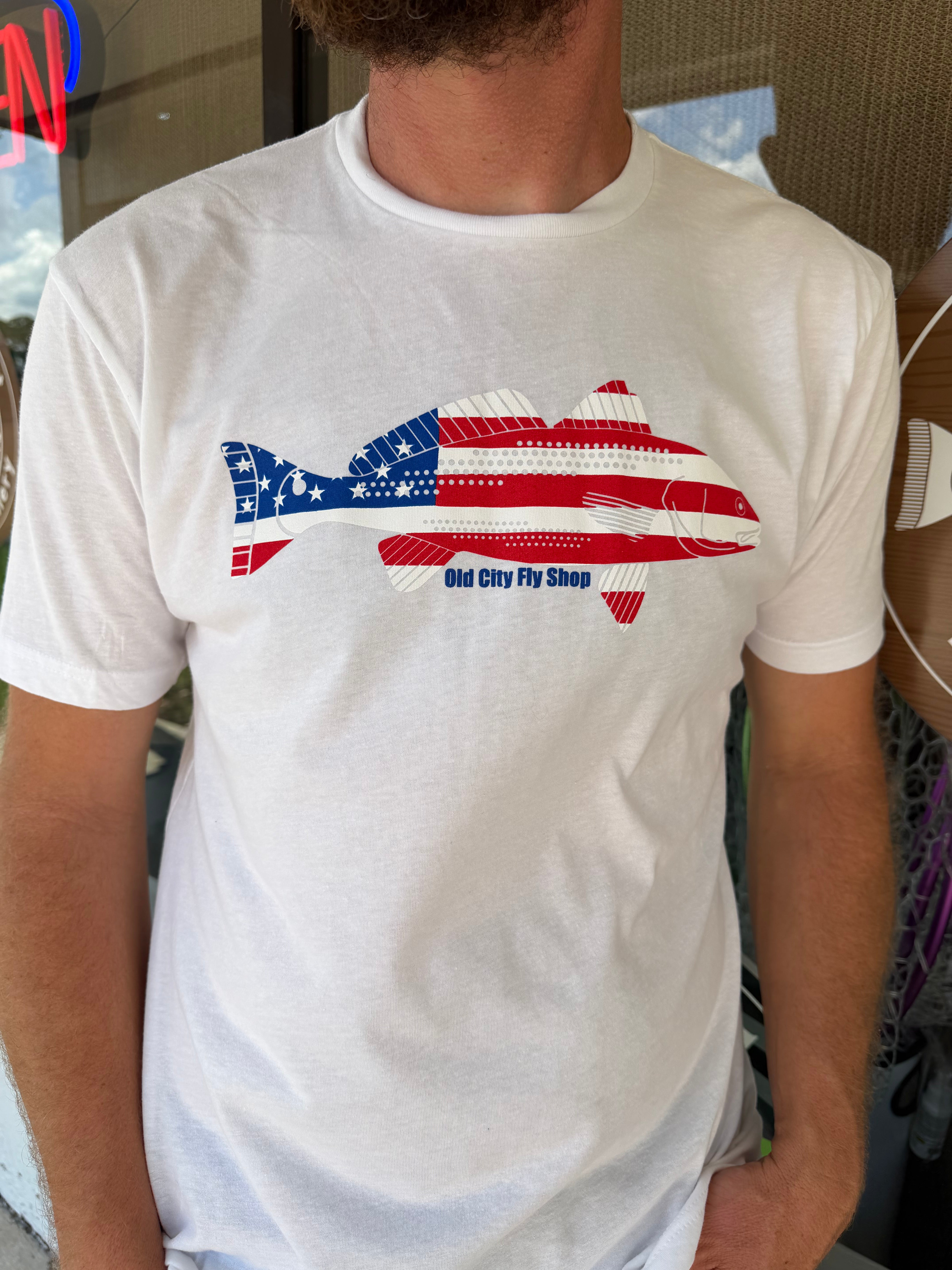 Redfish White and Blue tee